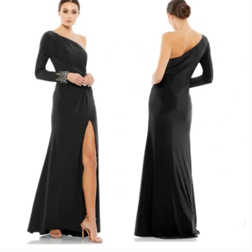 Mac Duggal 55696 One Sleeve Beaded Cuff Side Twist Black Gown Sz 8